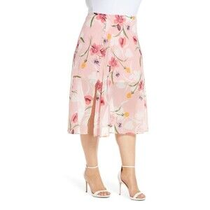 Leith Chiffon Floral Printed Midi Skirt Side Slits plus size 1X in pink